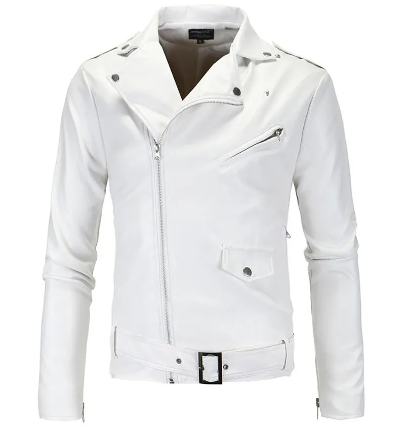 

White Lapel zipper PU Leather Jacket Coats Large size 4XL 5XL Fashion Youth Self-cultivation Personality Leather Jacket European