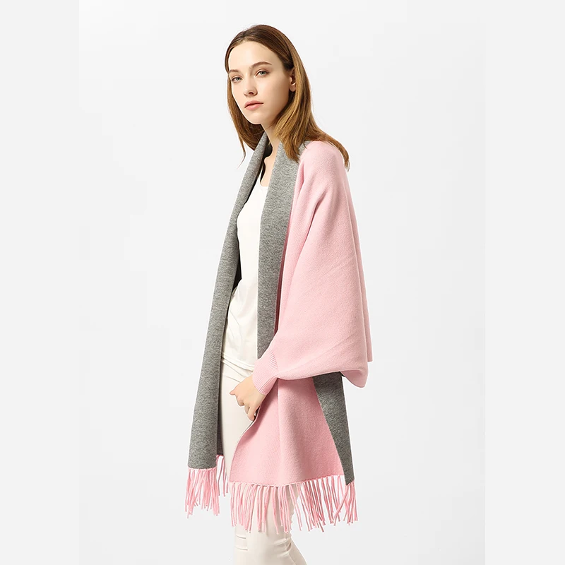 Solid Knit Women Capes Ponchos Elegant Tassels Batwing Sleeve Two Tone Scarf Shawl Outwear Female Capes Spring Cape Poncho