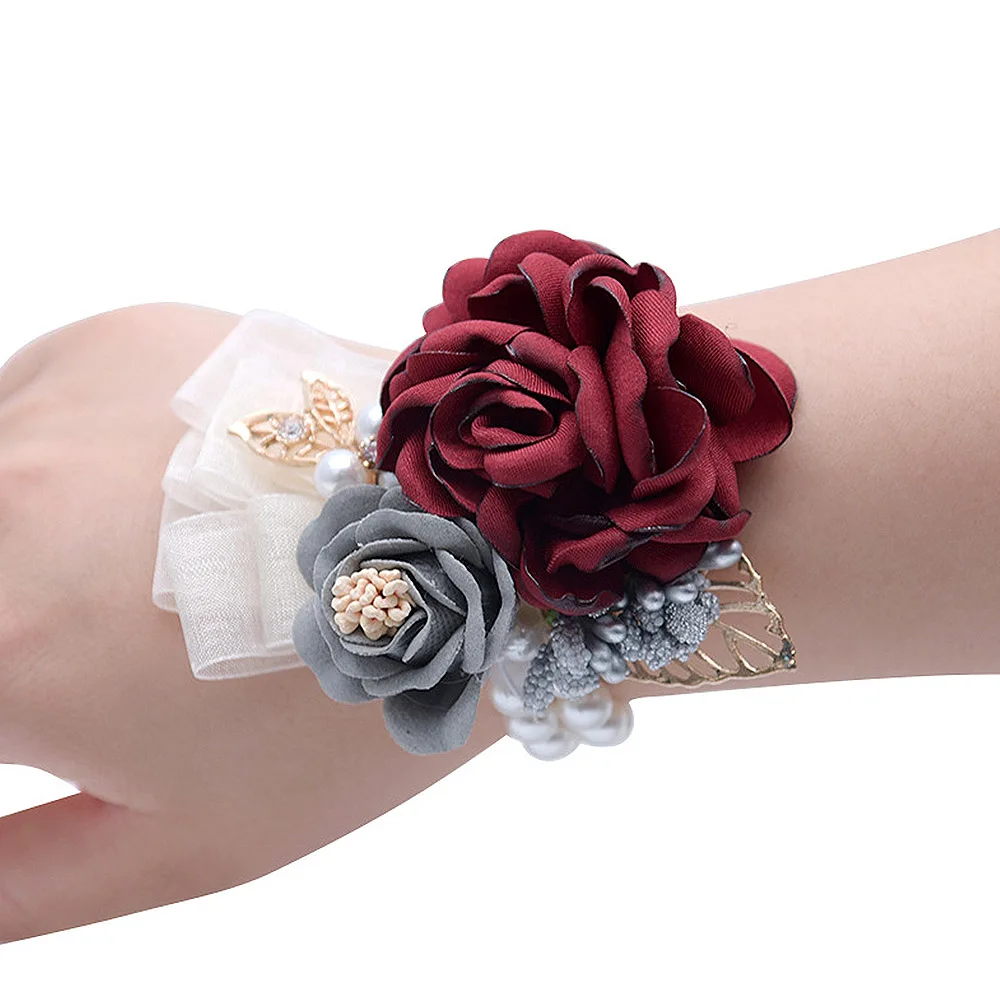 

10cm Artificial Bride Bridesmaid Beaded Cloth Wrist Flowers Tea Rose WristFlower Wedding Hand Flowers Bridal Prom Accessories