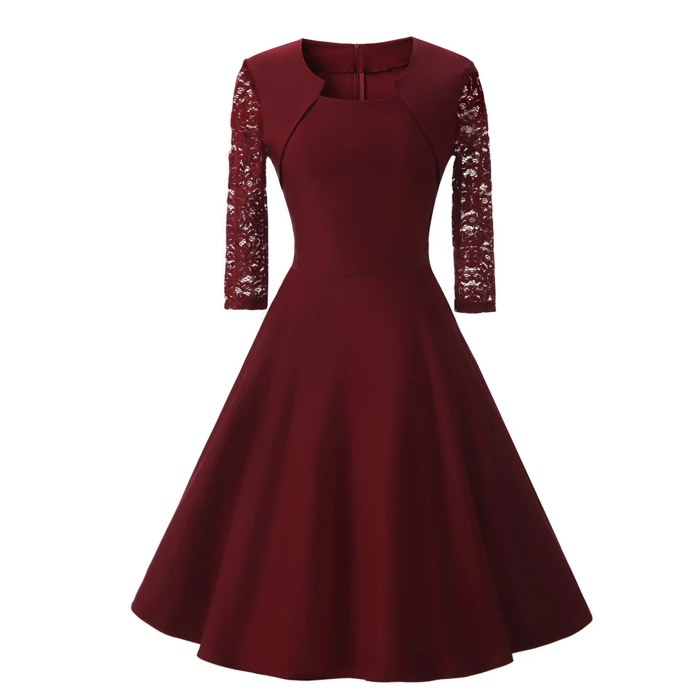 XXL Women Vintage Audrey Hepburn Dress Sheer Lace Three Quarter Sleeve A Line Dress Zip Back