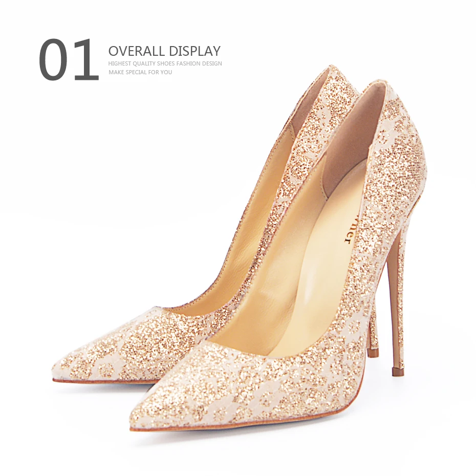 Stylesowner/женские блестящие туфли на высоком каблуке, золотистого цвета, 12 см, 10,5 см, на тонком каблуке, с острым носком, женские свадебные туфли с кружевом и блестками, обувь для вечеринок
