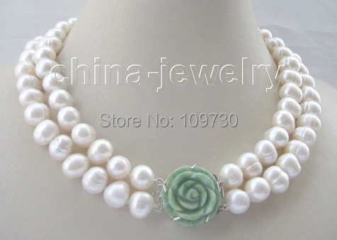 

Jewelry 002716 Beautiful 17-18" 2row white flaw freshwater pearl necklace-flower jade clas