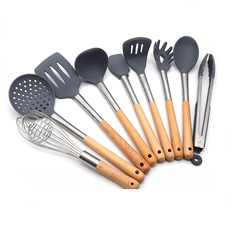 Silicone Cooking Utensils, kitchen utensils 9 pieces set with wood handles, heat resistant and nonstick