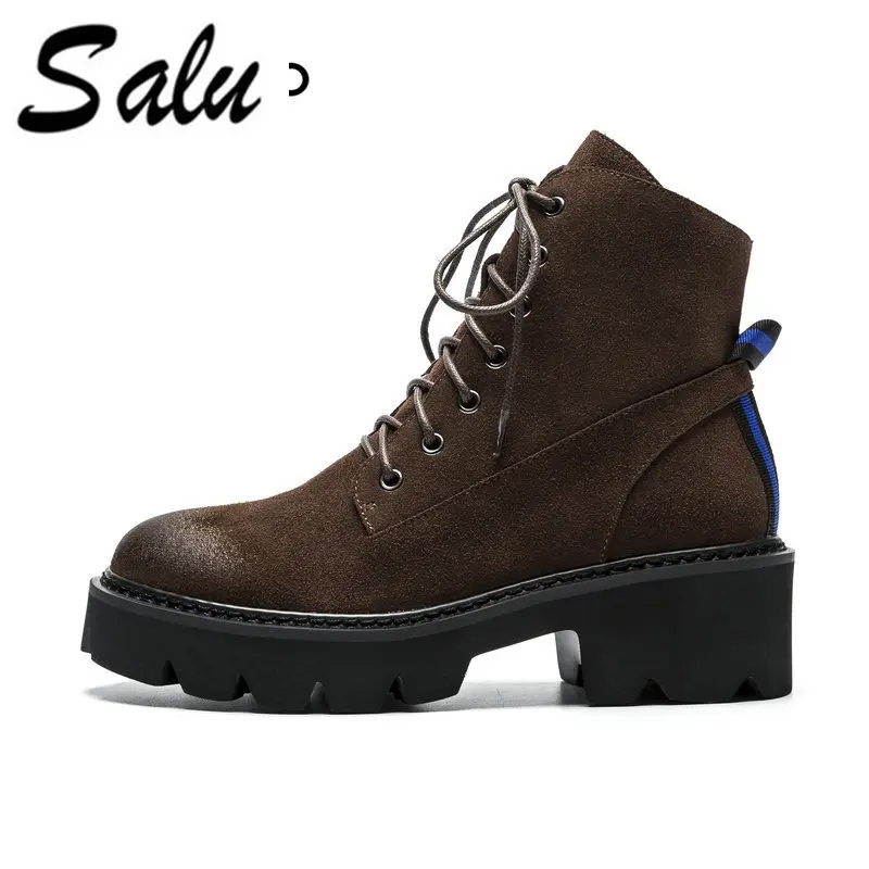 

Salu 2019 new Women Genuine leather Ankle Boots Winter Warm Shoes Woman Lace Up High Heel Boots Platform Thick Heel Lady Shoes