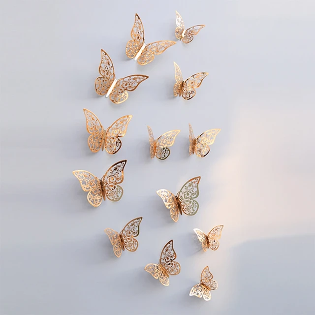 12Pcs 3D Hollow Butterfly Wall Sticker For Home Decoration DIY Wall Stickers For Kids Rooms Party Wedding Decor Butterfly Fridge champagne3
