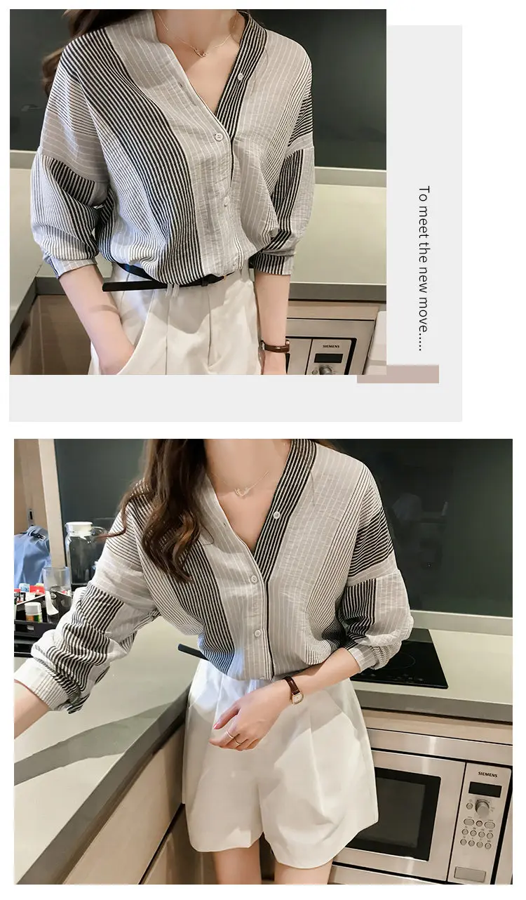 2019 Autumn Women's Striped Shirts Womens Tops And Blouses Fashion Long Sleeve Shirt Plus Size V-neck Blusas Chemise Femme (11)