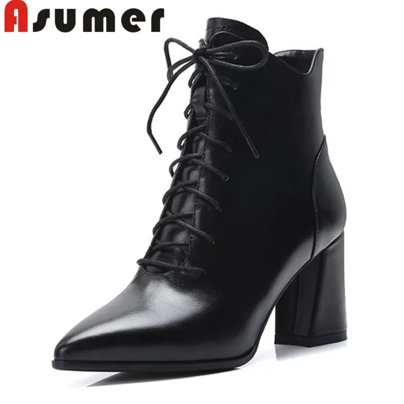 

ASUMER 2020 NEW square toe ankle boots for women fashion simple autumn boots solid thin heels genuine leather boots size 34-43