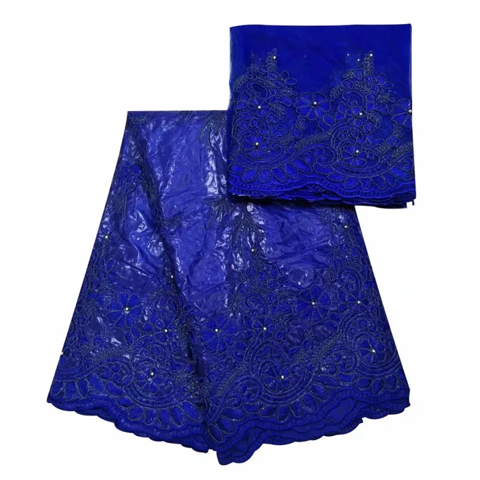 

5y+2 Popular African cotton bazin lace fabric and 2Y tulle net lace cloth for dress set IKBN32
