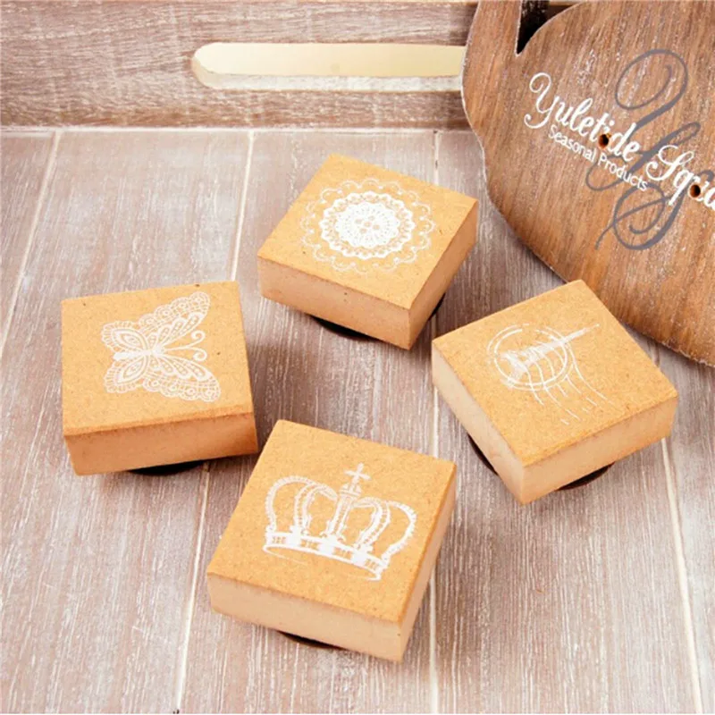 

Creative DIY Lovely Mini Crown Butterfly Lace Tower Shape Wooden Stamp + Inkpad for Decorations