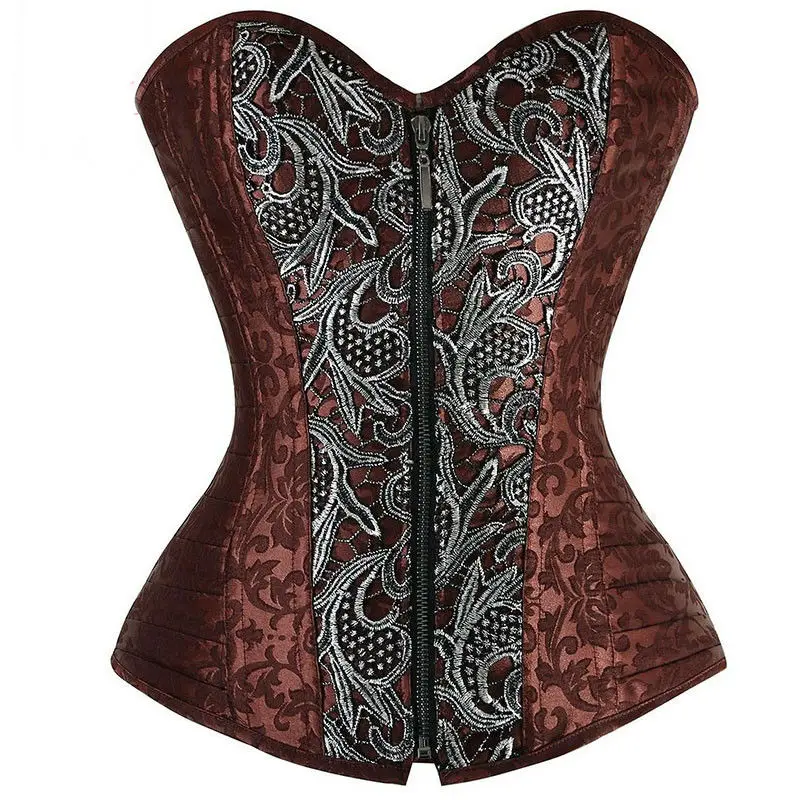 Brown Vintage Brocade Steel Boned Overbust Corset Bustier Sexy Steampunk Costume Zipper Corsets 