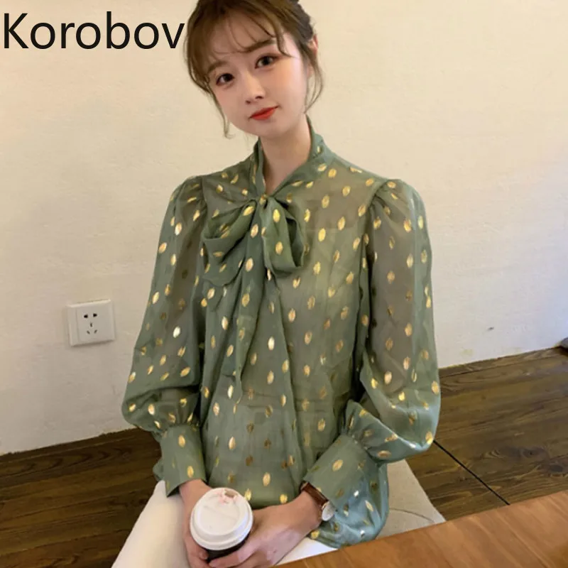 

Korobov Vintage Polka Dot Print Perspective Women Blouse New Fashion Lacing Bow Korean Female Shirts Blusas Mujer De Moda 77369