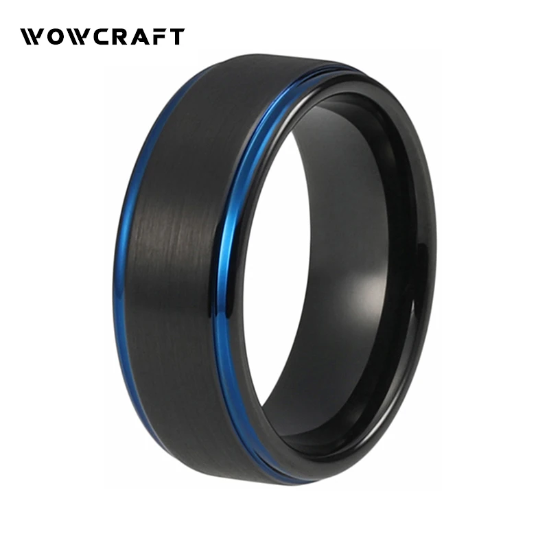 8mm Black Wedding Band for Men Women Fashion Tungsten Carbide Wedding Ring with Blue Step Edges Brushed Surface Engagement Rings Fashion Jewelry