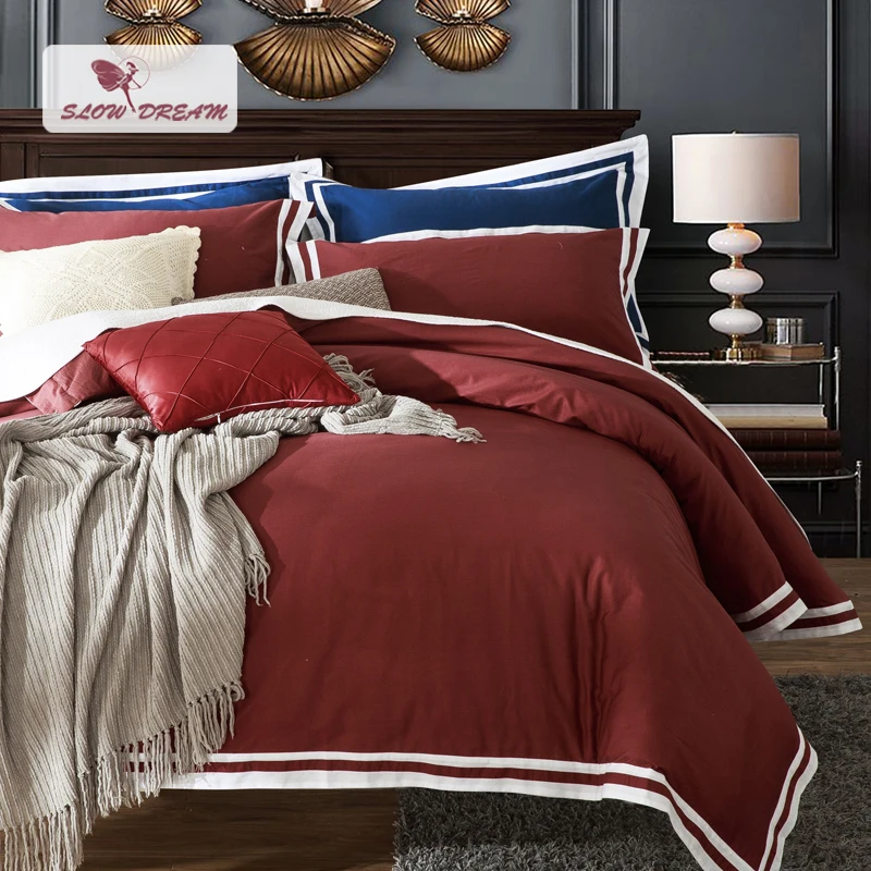SlowDream Light luxury Coffee Red Bedding Set White Edging Design Duvet