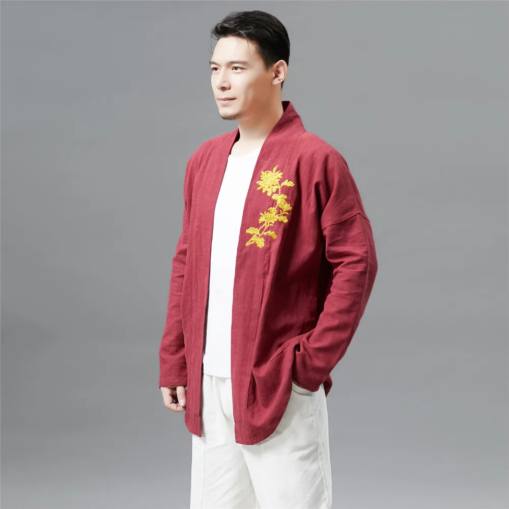 

2019 Autumn New Money Flower Cardigan Retro Ethnic Style Male Shirt Long Sleeves Stand Collar No Buckle Cardigans D137