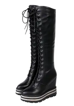 

Sapato Feminino Women Knee High Boots Wedge Shoes Woman Chunky High Heels Lace Up Platform Booties Gladiator Chaussure XZ181666