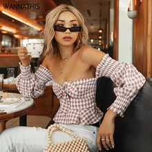 WannaThis Pink and White Bow Knot Front Gingham Print Tee Hollow Out Off Shoulder V Neck Slim Tops Women Elegant Autumn Shirt