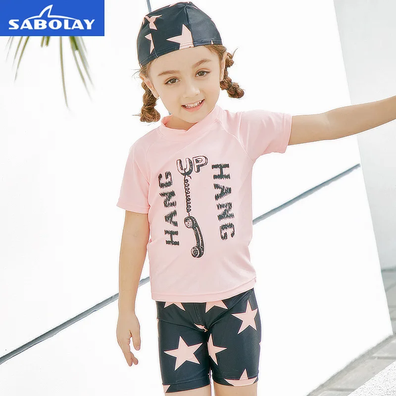 

SABOLAY 3 Pieces Kids Swimwear Elastic Pink Swimsuit for Grils Children Rash Guard Sun Protection UPF 50+ Bathing Swimming Suit