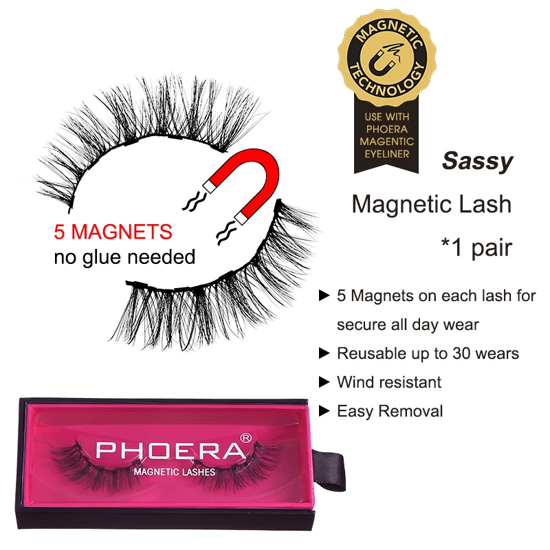 PHOERA, женский макияж, 3D, многоразовые магнитные накладные ресницы, магнитная подводка для глаз, норковые ресницы, ультра-тонкие, удлинение, толстый крест, инструмент - Color: 01 Sassy