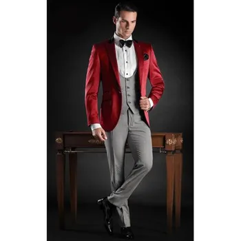 Latest Coat Pant Designs Red Grey Satin Italian Formal Men Suit Slim Fit Wedding Prom Blazers Custom Tuxedo (Jacket+Pants+Vest) Latest Coat Pant Designs Red Grey Satin Italian Formal Men Suit Slim Fit Wedding Prom Blazers Custom Tuxedo (Jacket+Pants+Vest)