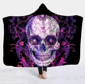 

PLstar Cosmos Hooded Blanket for Adult Gothic Color Skull Sherpa Fleece Wearable Throw Blanket Microfiber Galaxy Bedding style-3