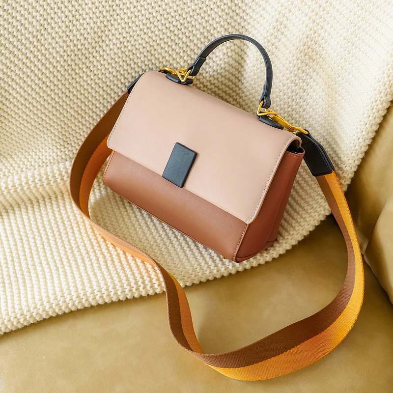 

WOONAM Women Fashion Handbag Contrast Color Genuine Calf Leather Small Top Handle Trapeze Shoulder Handbag WB764