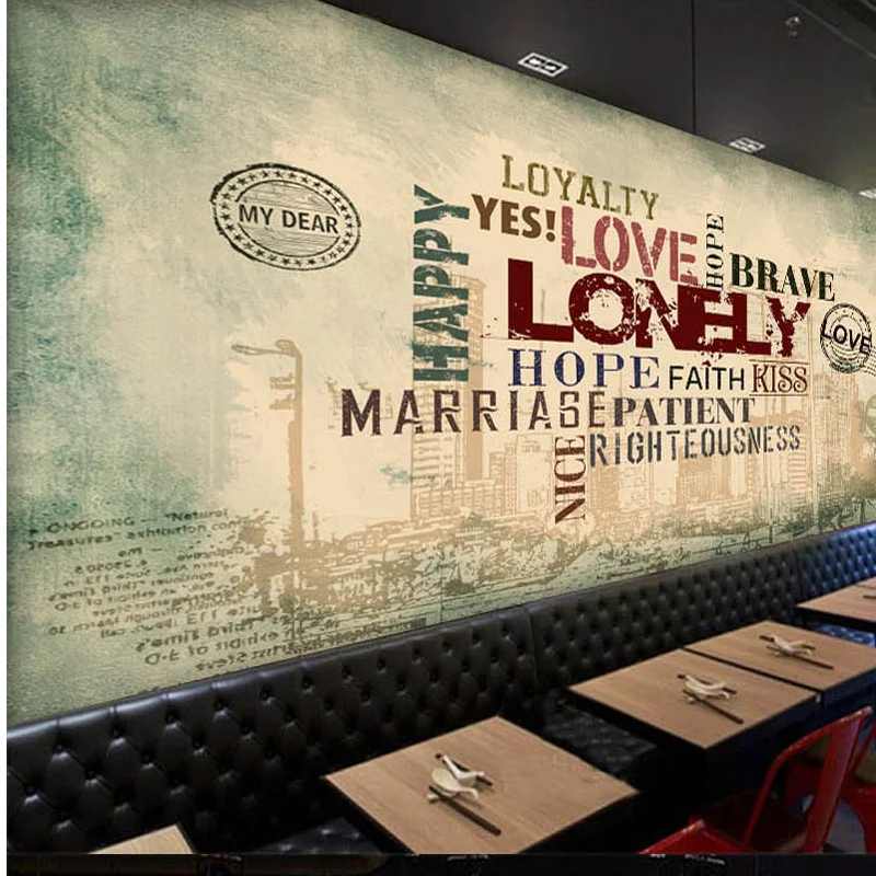 

Free shipping custom European and American retro English alphabet bar coffee shop background decorative wall mural wallpaper