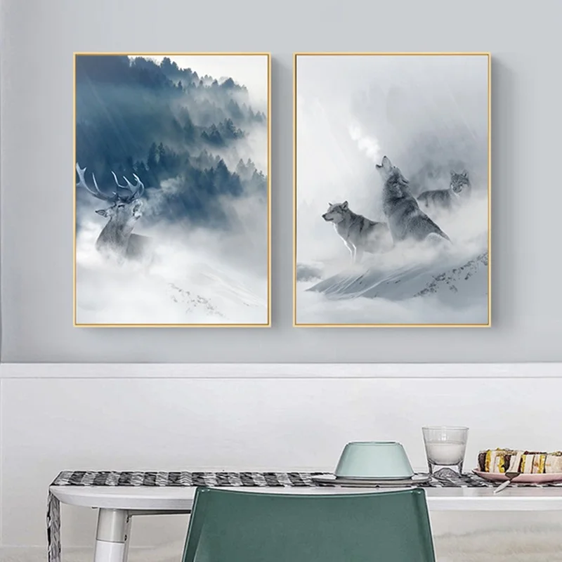 

Nordic Art Foggy Animal Forest Snow Mountain Poster Wolf Elk Canvas Painting Landscape Wall Picture for Living Room Home Decor