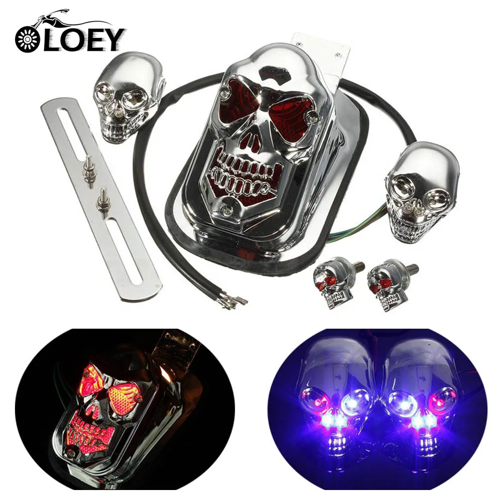 

Chrome Skull 12V Motorcycle Tail Light Scooter Rear Indicator Blinker Mount License Plate Brake Stop For Harley Chopper Bobber