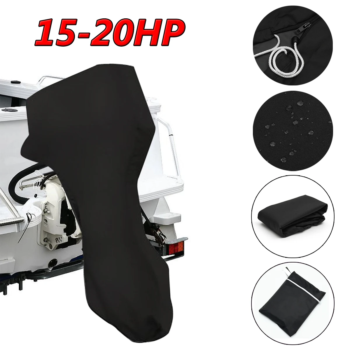 

125cm 600D Black Boat Full Outboard Engine Cover For 15-20 Hose power Motor Waterproof