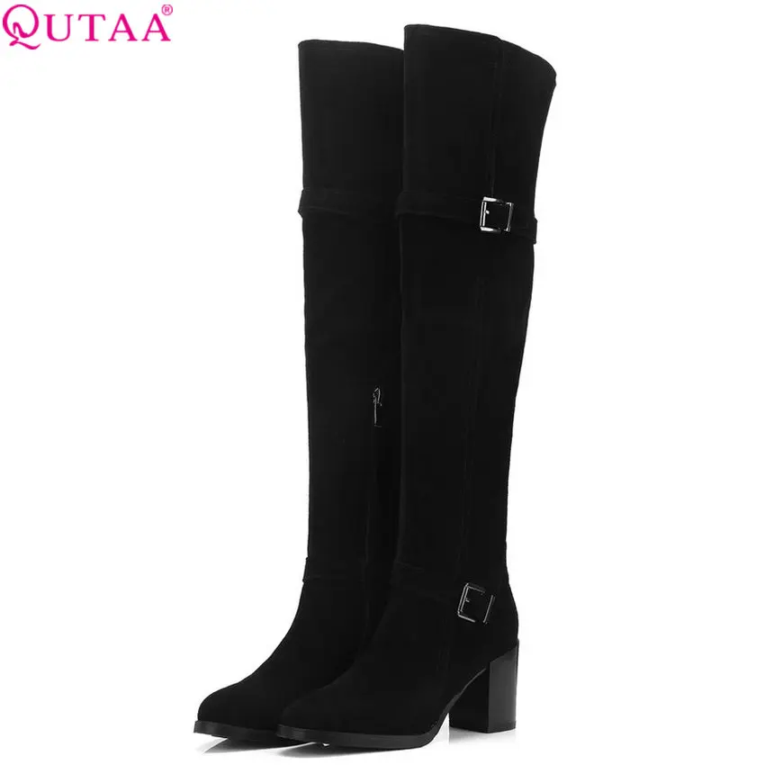 QUTAA/ Для женщин Ботфорты сапоги до колена на платформе, матч против зимние ботинки на молнии из коровьей замши обувь Для женщин сапоги большие размеры 34–39