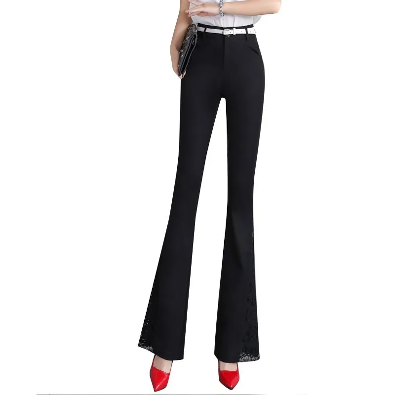 Casual De Black Elegante Primavera Moda Flare Encaje Rosa Alta Mujeres Cintura roses Trabajo Balck Pantalones Patchwork Verano ZPqYf