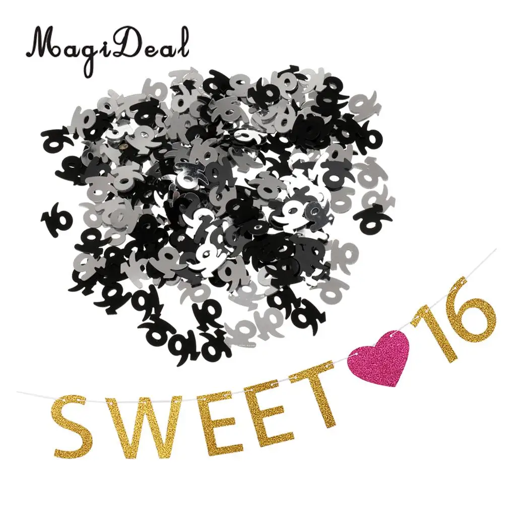 Glitter Gold Sweet 16 Rose Heart 16th Table Confetti Sprinkles Birthday Hanging Banner Garland Party Decoration Props