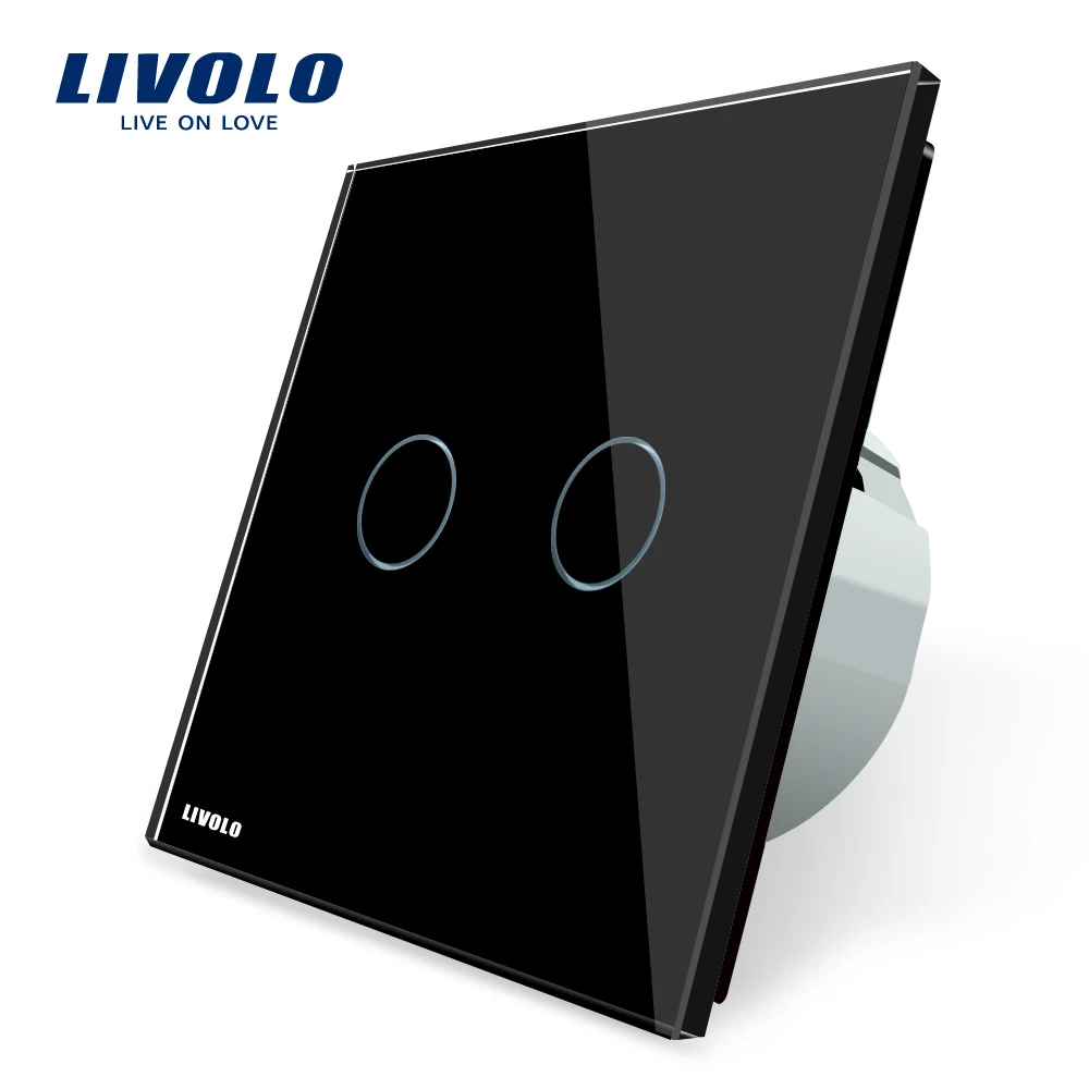 Free Shipping Livolo EU Standard VL C702 12 Black Crystal Glass Panel 2 Gangs 1 Way