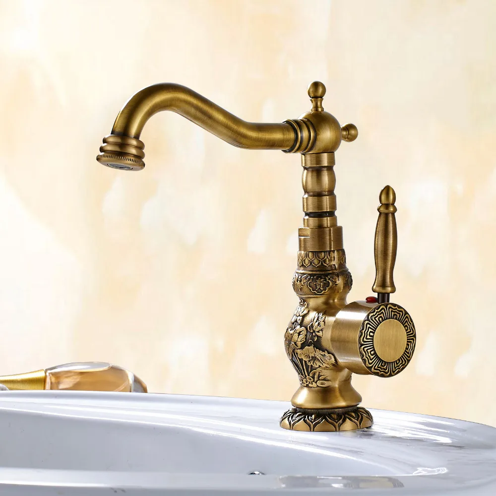 Antique Brass Deck Mount Bathroom Kitchen Faucet Single Handle 360 Rotate Basin Hot And Cold Water Tap ZD1210