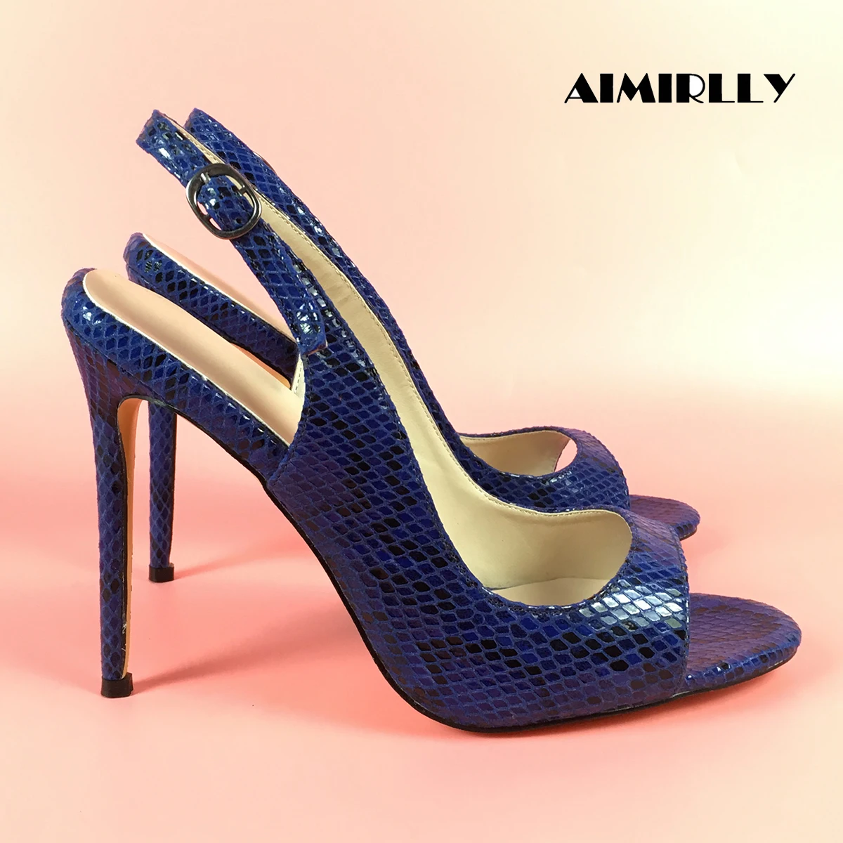 

Aimirlly Summer Women Shoes High Heel Peep Toe Sandals Slingbacks Snake Pattern Blue Ankle Buckle Ladies Work & Career Wear