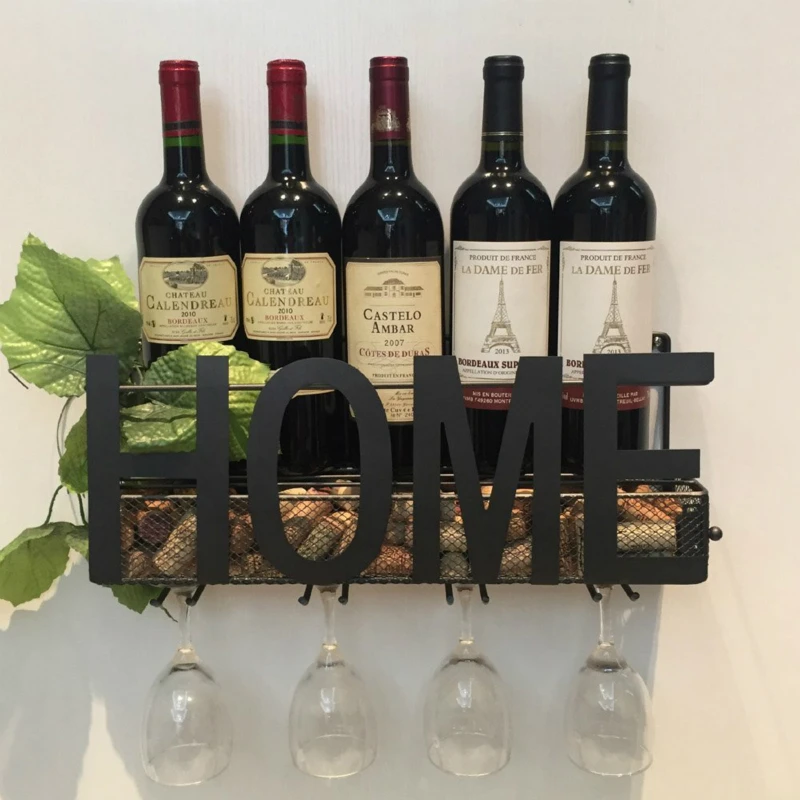 Wall Mounted Metal Wine Rack 4 Long Stem Glass holder Wine Cork Storage
