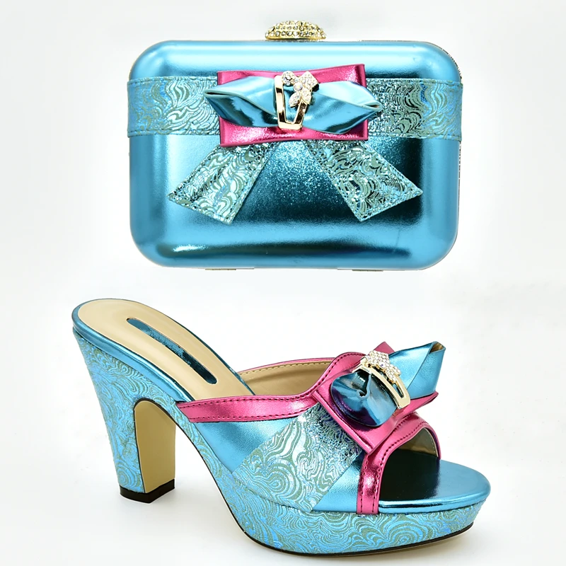 Обувь и сумка в комплекте; вечерние туфли в нигерийском стиле; роскошная женская обувь; коллекция года; свадебные туфли-лодочки со стразами; женские Босоножки на каблуке - Цвет: Небесно-голубой