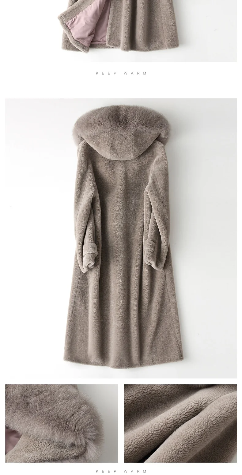 Женская шуба из натурального овечьего меха, пальто с капюшоном и воротником из лисьего меха, зимняя куртка средней длины размера плюс S-5XL