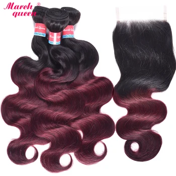 

March Queen Malaysian Body Wave With Closure 2 Tone Ombre T1B/99J Human Hair Weave Extensions 3 Bundles With 4X4 Lace Closure