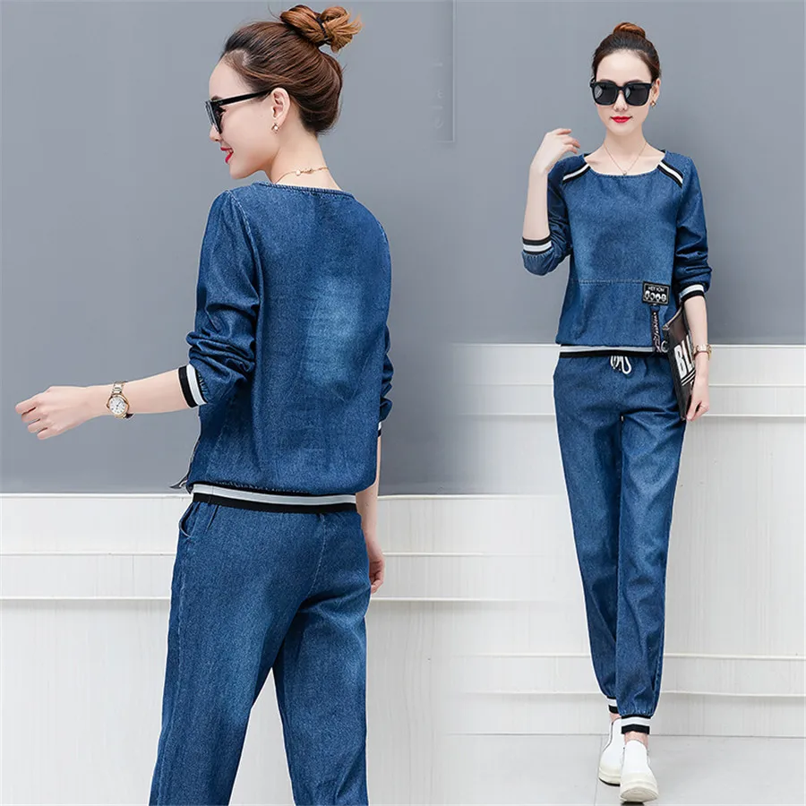 

2019 spring Autumn New casual plus size denim 2 piece set suit female fashion students long pants sportswear women M-4XL