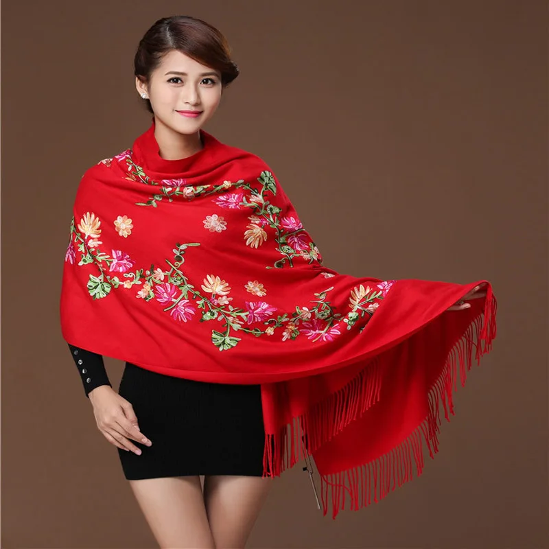 

Red New Women s Embroider Flower Pashmina Cashmere Scarf Winter Warm Fine Tassels Scarf Shawl Fashion Shawl Scarves 111818