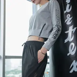 Новый длинным рукавом Голый живот рубашка Йога для похудения Одежда для Для женщин спортивные короткие Стиль свободные Фитнес дышащий