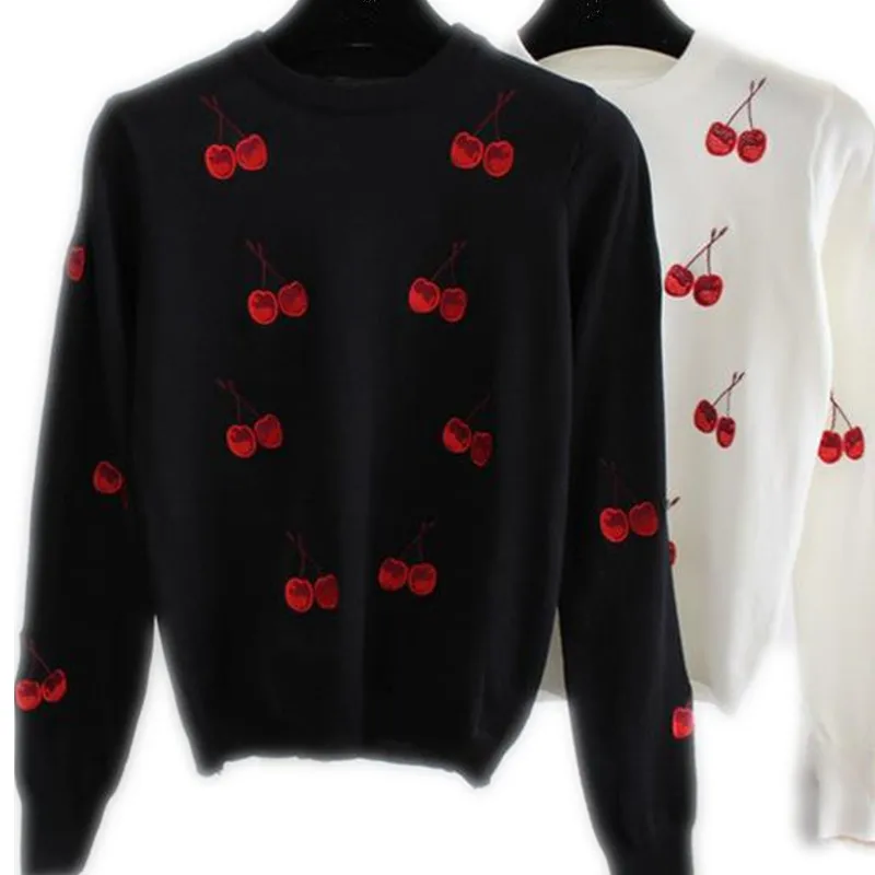 Fashion cherry embroidery Sweaters Loose long sleeved round neck knit ...