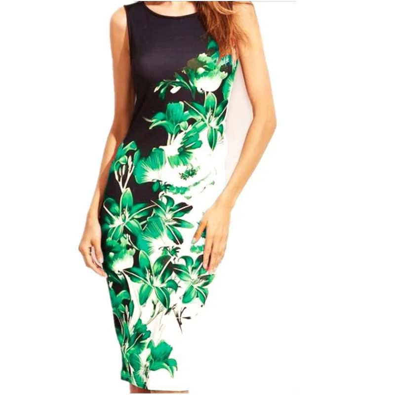 5XL Large Sizes 2019 Summer Fashion Sleeveless Print Dress Slim Bodycon Pencil Midi Office Dress Robe Plus Size Women Clothing E