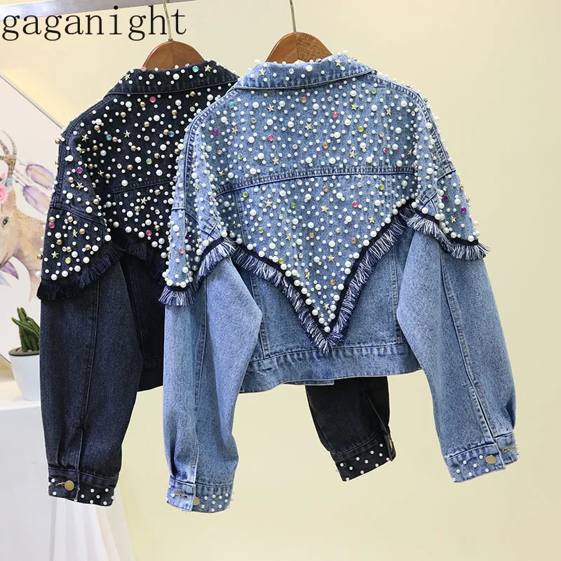 

Gaganight Beading Autumn Women Denim Jacket Tassel Vintage Long Sleeves Frayed Female Casual Jeans Jacket Streetwear Girls Coat