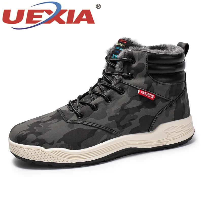 

UEXIA Men Boots Ankle Men's Shoes Man Snow Winter Warm Plush High Quality Soft Leather Camouflage Outdoor Sneakers Moccasins New
