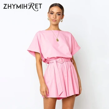 

ZHYMIHRET Casual Summer Linen Playsuit Sashes Short Sleeve O Neck Loose High Waist Jumpsuit Women Rompers Short Overalls Femme