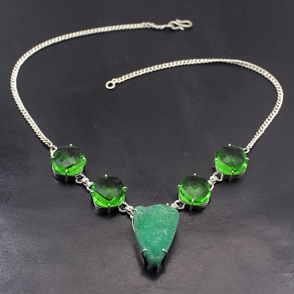 

Origin Natural Shiny Green Druzy Peridot 925 Sterling Silver Chain Necklace 18 inch A383 Free Shipping