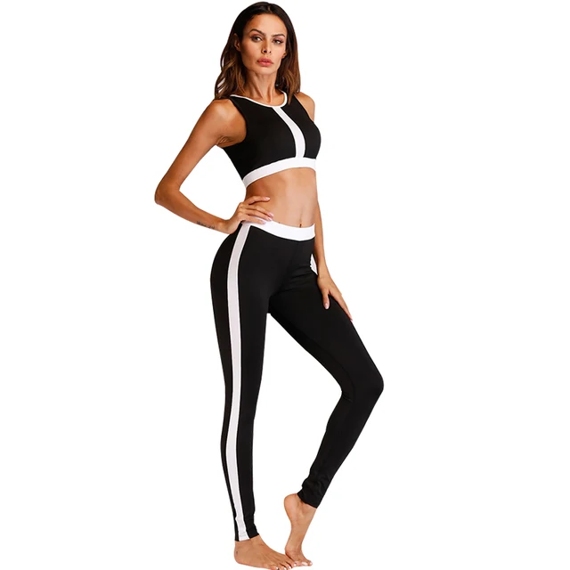 Cheap CHRLEISURE Black White Patchwork Set Women Slim Fit Workout Suit Women Casual Side Split Two-Piece Suit Femme Tops And Leggings Cheap CHRLEISURE Black White Patchwork Set Women Slim Fit Workout Suit Women Casual Side Split Two-Piece Suit Femme Tops And Leggings