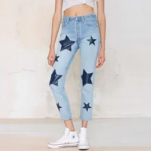 Woman Direct Selling Women High Waist Jeans 2016 Fashion Slim Straight Regular Ostalgic Nine Points Denim Printing Ss0766